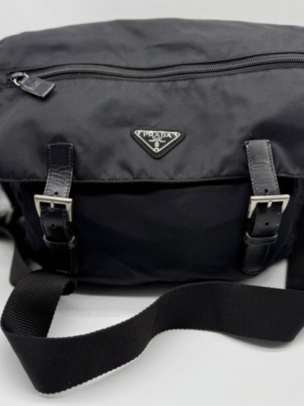 Authentic Prada Black Nylon Messenger Crossbody Bag | Buckle Straps | Adjustable